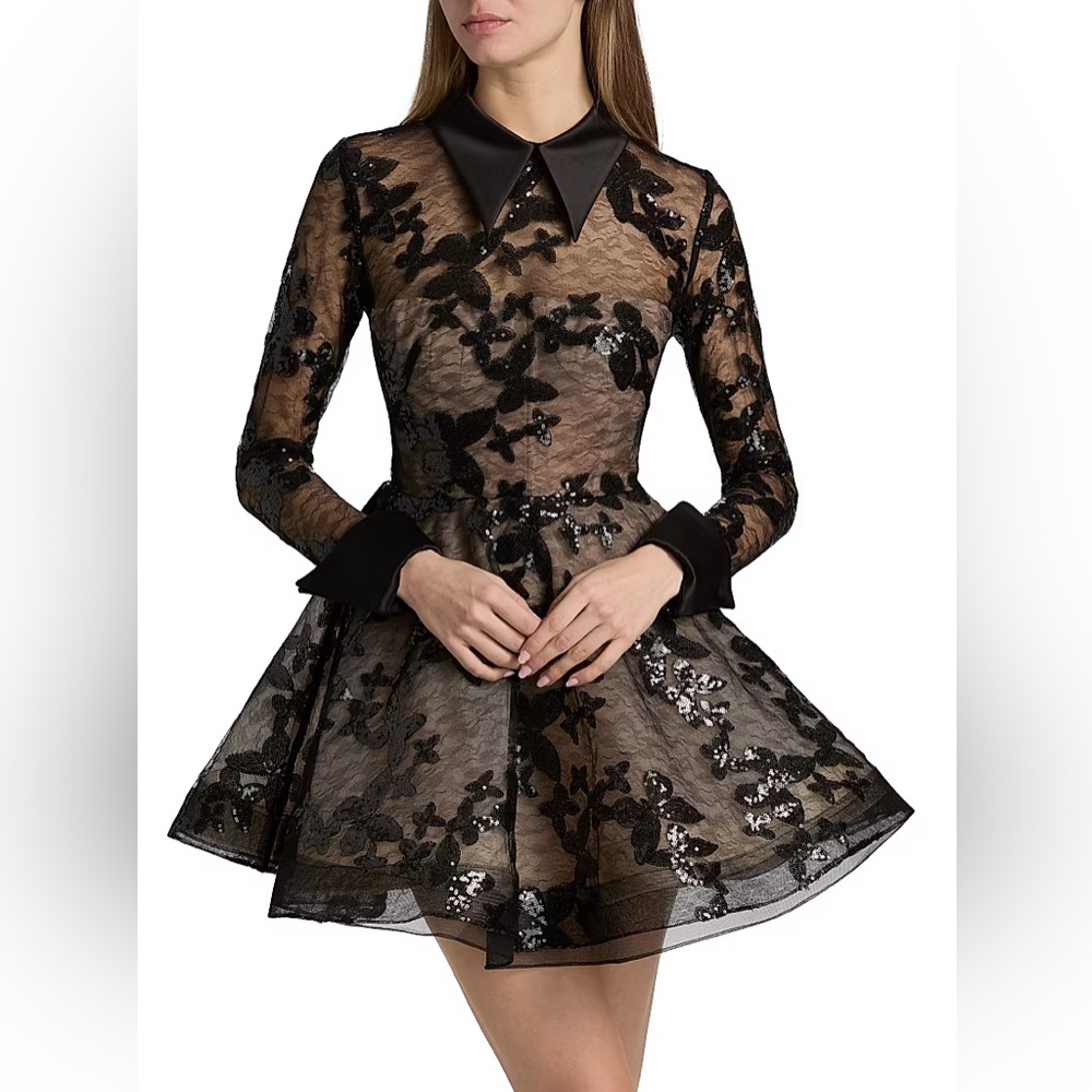 Bronx and Banco Jasmine Maraya Black Long-Sleeve Sequin Lace Mini Dress M NWOT